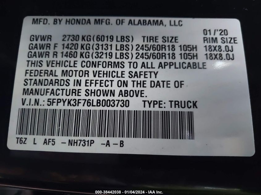 5FPYK3F76LB003730 2020 Honda Ridgeline Rtl-E