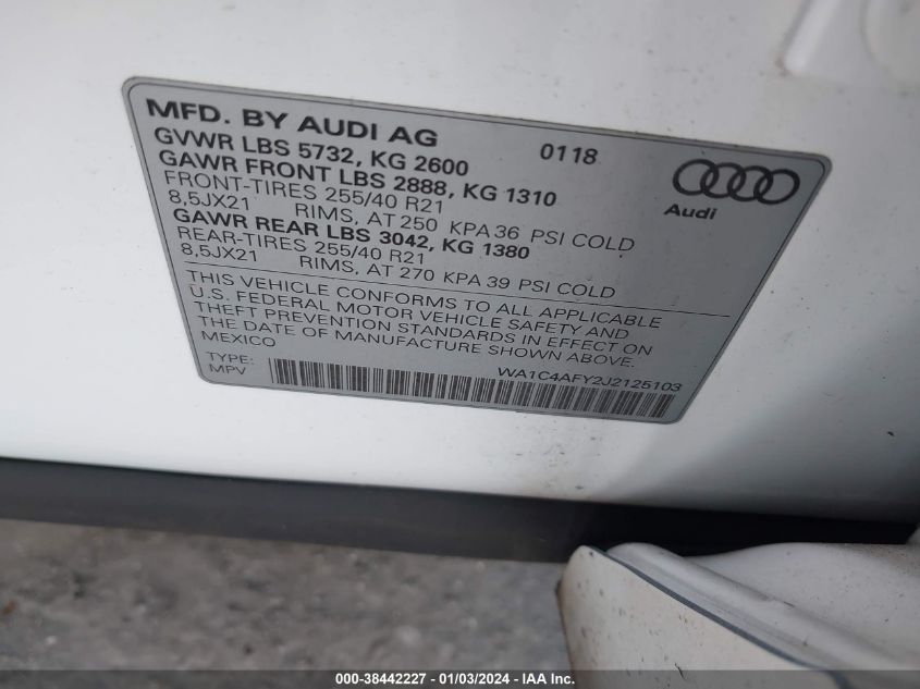 2018 Audi Sq5 3.0T Premium Plus VIN: WA1C4AFY2J2125103 Lot: 38442227