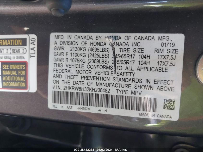 2HKRW6H32KH206482 2019 Honda Cr-V Lx