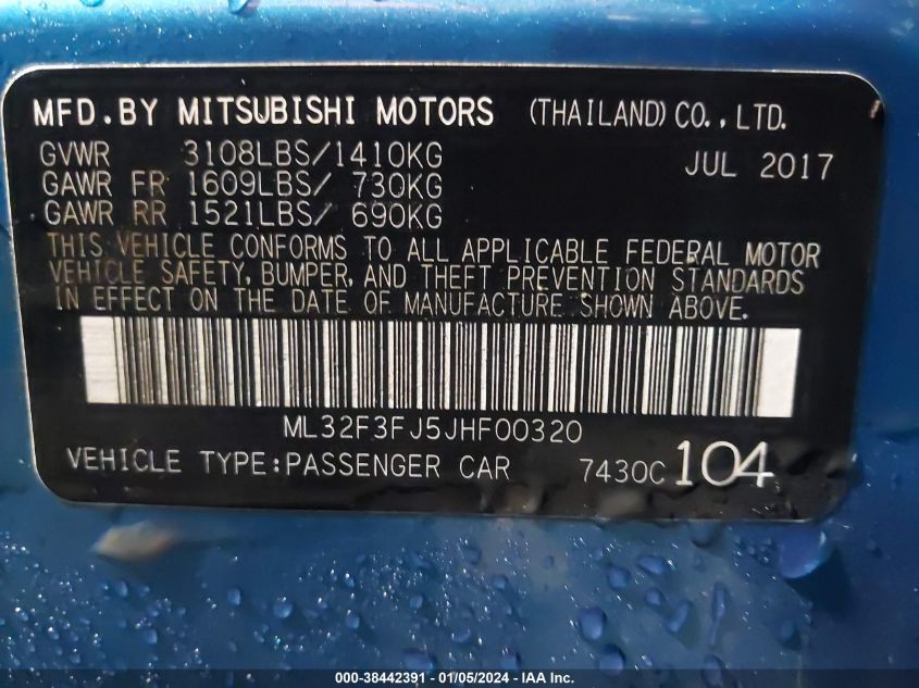 2018 Mitsubishi Mirage G4 Es VIN: ML32F3FJ5JHF00320 Lot: 38442391