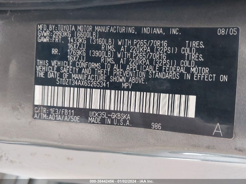 5TDZT34AX6S265341 2006 Toyota Sequoia Sr5 V8