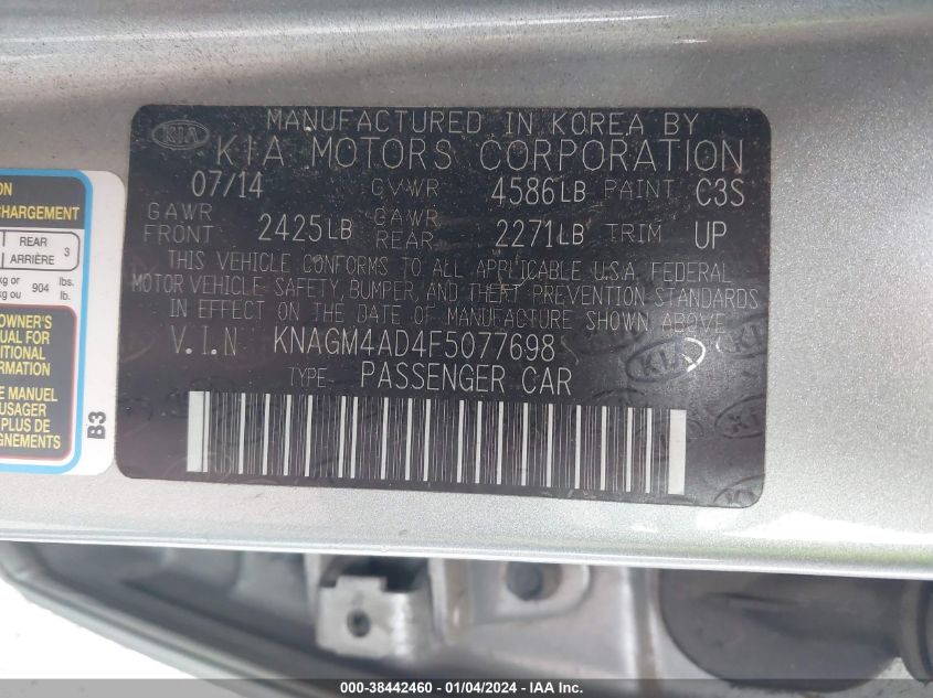 KNAGM4AD4F5077698 2015 Kia Optima Hybrid