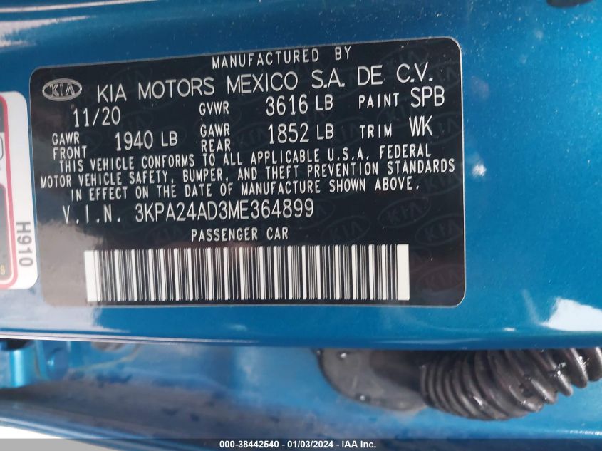 3KPA24AD3ME364899 2021 Kia Rio S