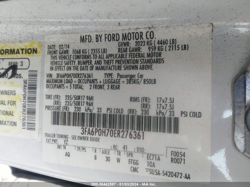 3FA6P0H70ER276361 2014 Ford Fusion Se