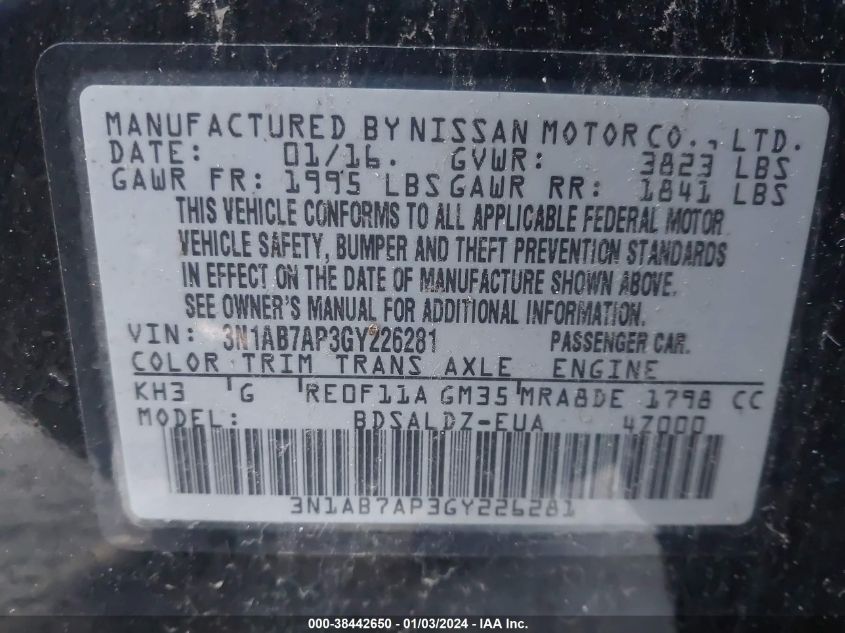 3N1AB7AP3GY226281 2016 Nissan Sentra Sv