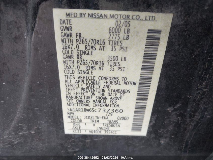 5N1AR18W65C737360 2005 Nissan Pathfinder Se