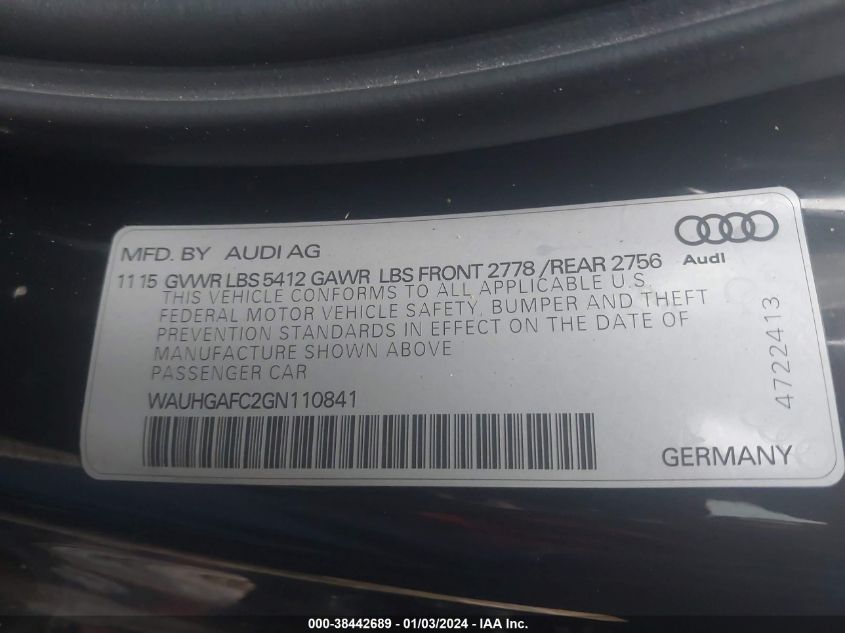 WAUHGAFC2GN110841 2016 Audi A6 3.0T Premium Plus