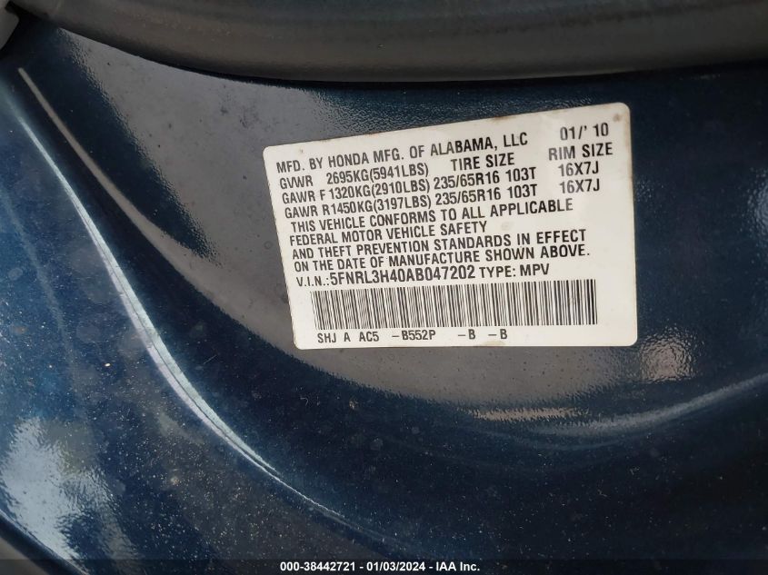 5FNRL3H40AB047202 2010 Honda Odyssey Ex