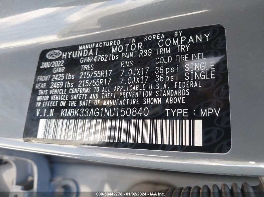 KM8K33AG1NU150840 2022 Hyundai Kona Electric Sel