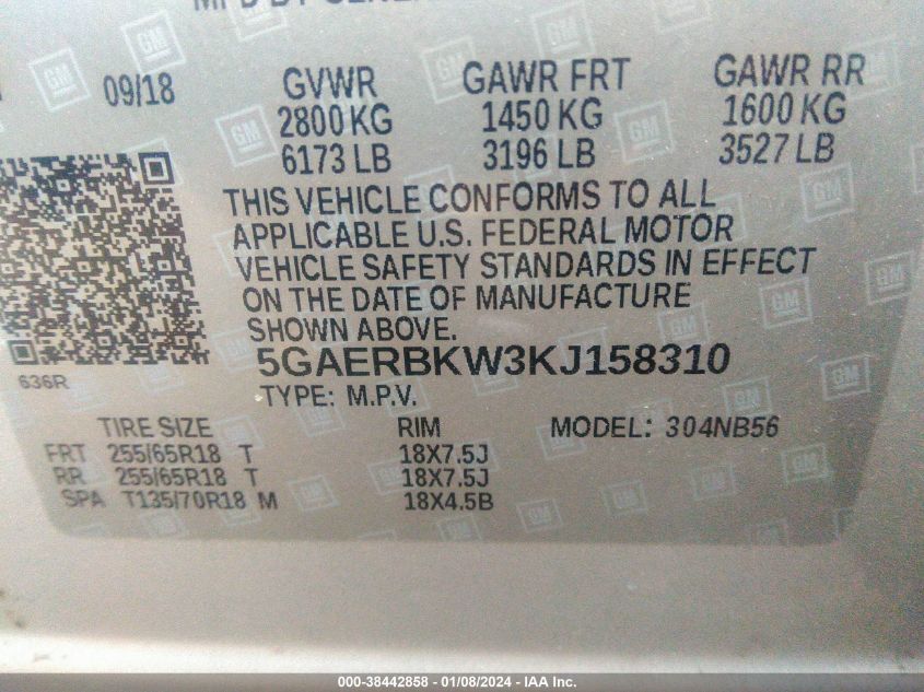 5GAERBKW3KJ158310 2019 Buick Enclave Fwd Essence