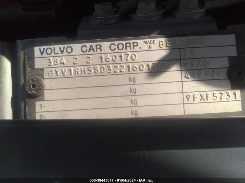 YV1RH58D322160170 2002 Volvo S60 Awd