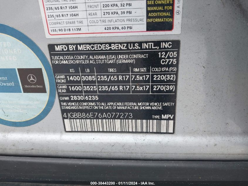 4JGBB86E76A077273 2006 Mercedes-Benz Ml 350 4Matic