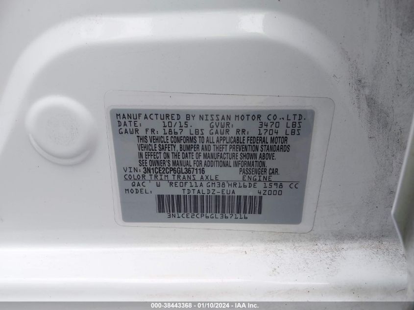 3N1CE2CP6GL367116 2016 Nissan Versa Note S (Sr)/S Plus/Sl/Sr/Sv