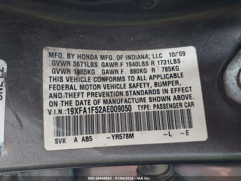 19XFA1F52AE009050 2010 Honda Civic Lx