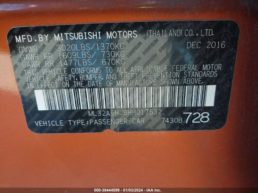 ML32A5HJ6HH017532 2017 Mitsubishi Mirage Gt