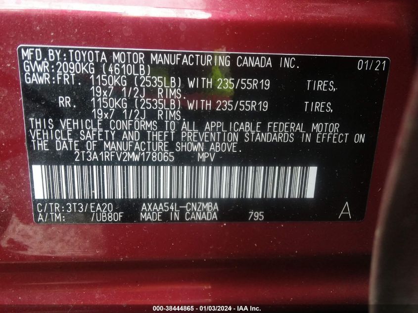 2T3A1RFV2MW178065 2021 Toyota Rav4 Xle Premium