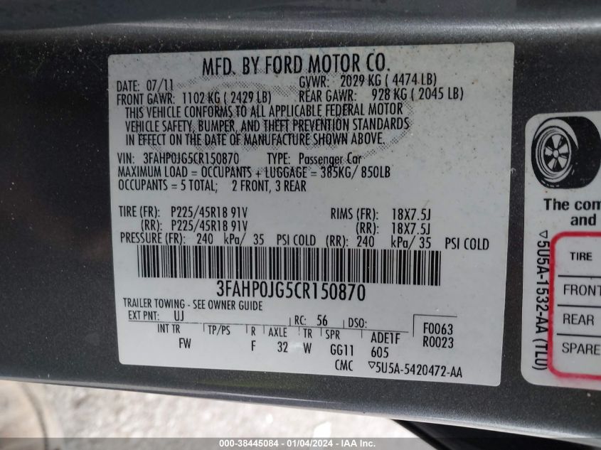 3FAHP0JG5CR150870 2012 Ford Fusion Sel