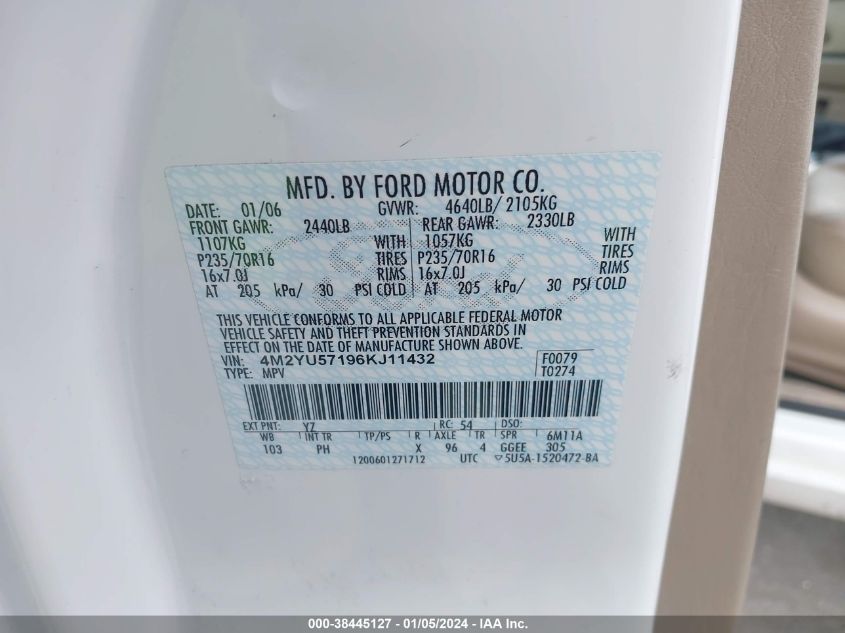 2006 Mercury Mariner Luxury/Premier VIN: 4M2YU57196KJ11432 Lot: 38445127