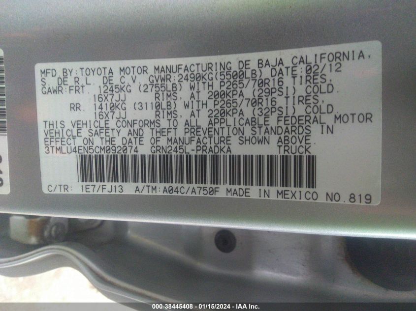 3TMLU4EN5CM092074 2012 Toyota Tacoma Base V6