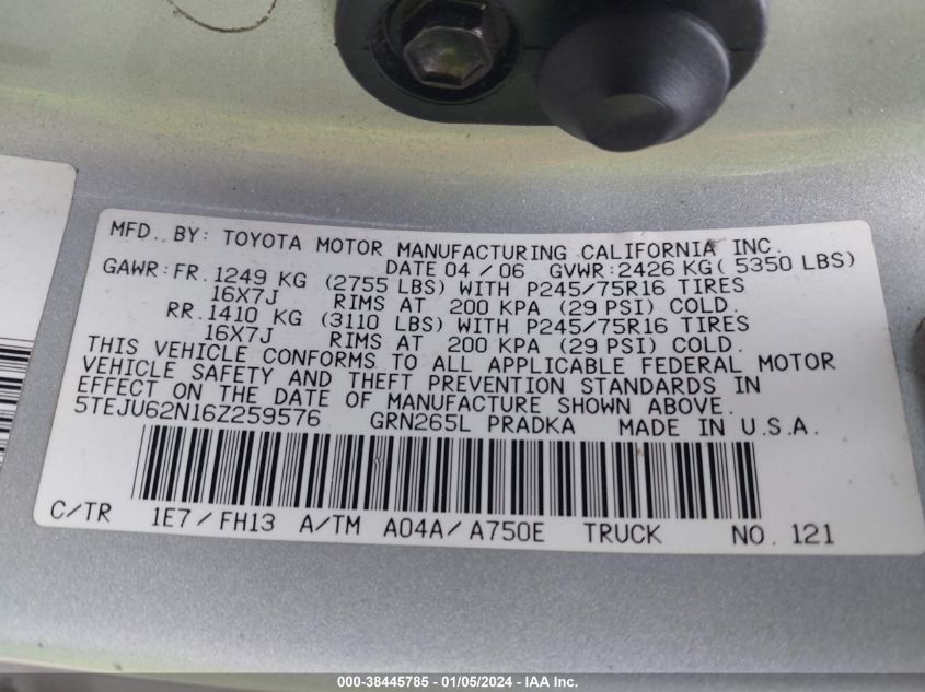 2006 Toyota Tacoma Prerunner V6 VIN: 5TEJU62N16Z259576 Lot: 38445785