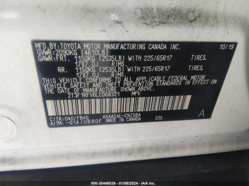 2T3F1RFV6LC068321 2020 Toyota Rav4 Le