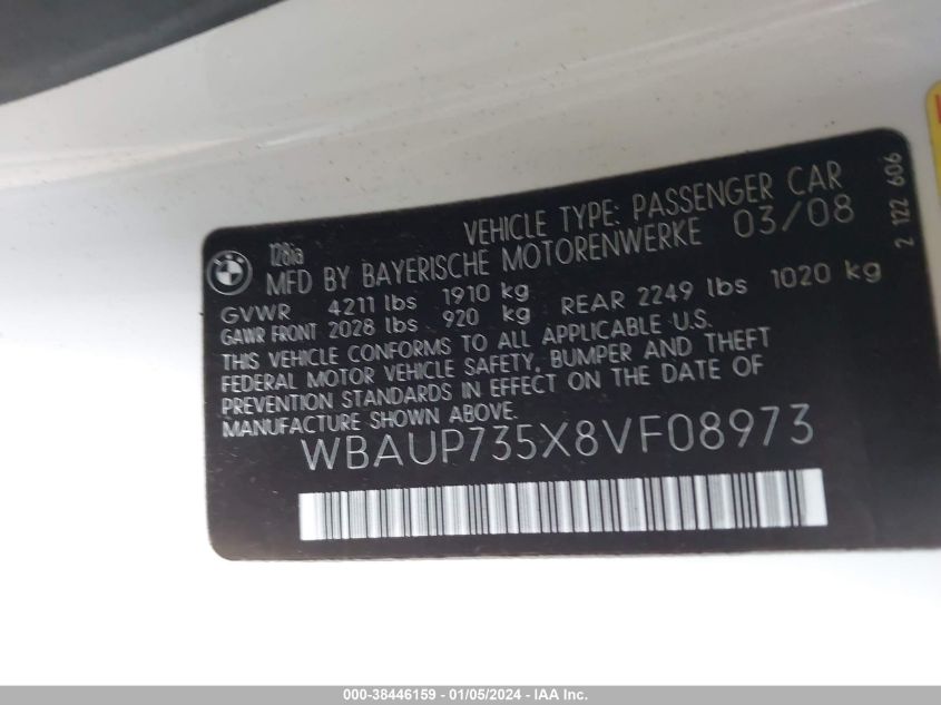 WBAUP735X8VF08973 2008 BMW 128I