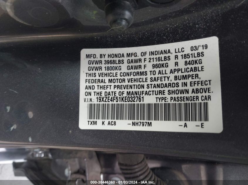 19XZE4F51KE032761 2019 Honda Insight Ex