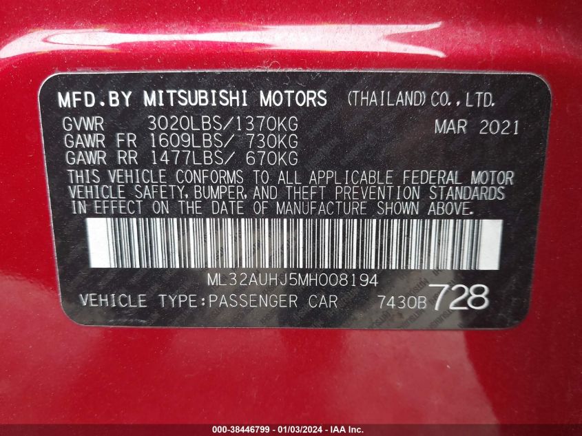 ML32AUHJ5MH008194 2021 Mitsubishi Mirage Carbonite Edition/Es/Le