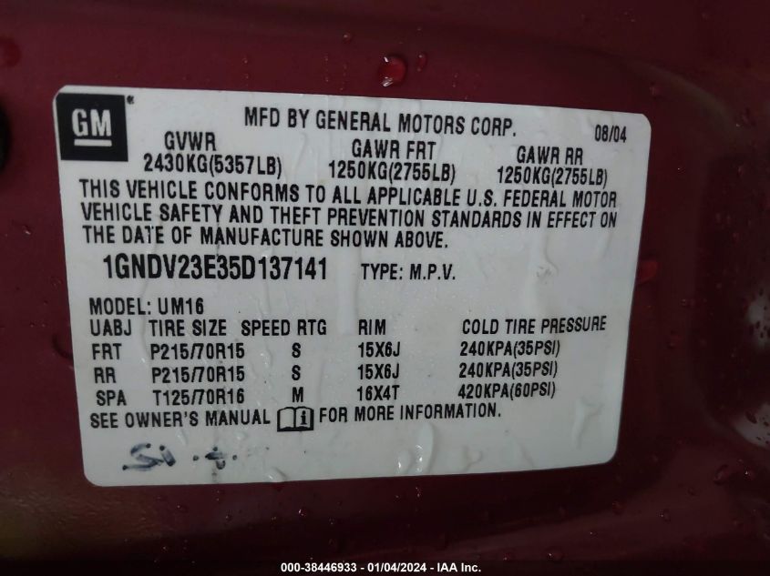 1GNDV23E35D137141 2005 Chevrolet Venture Ls