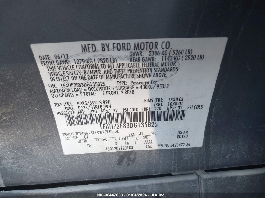 1FAHP2E83DG135825 2013 Ford Taurus Sel