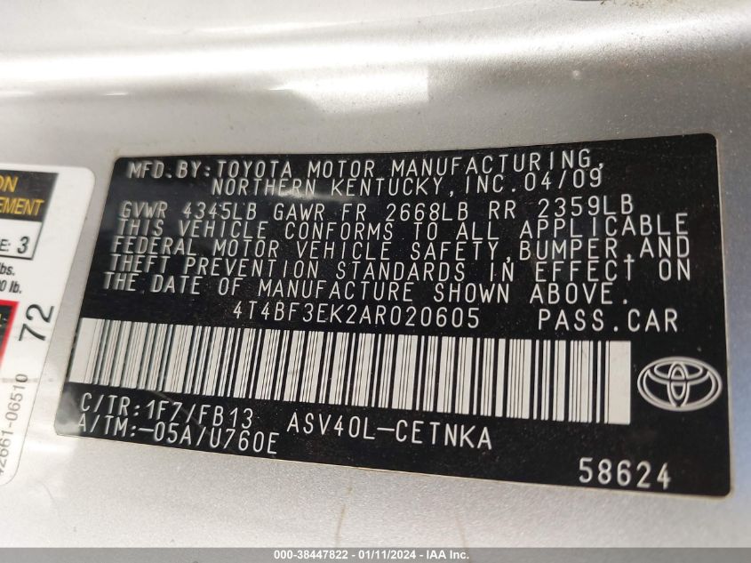 4T4BF3EK2AR020605 2010 Toyota Camry Le