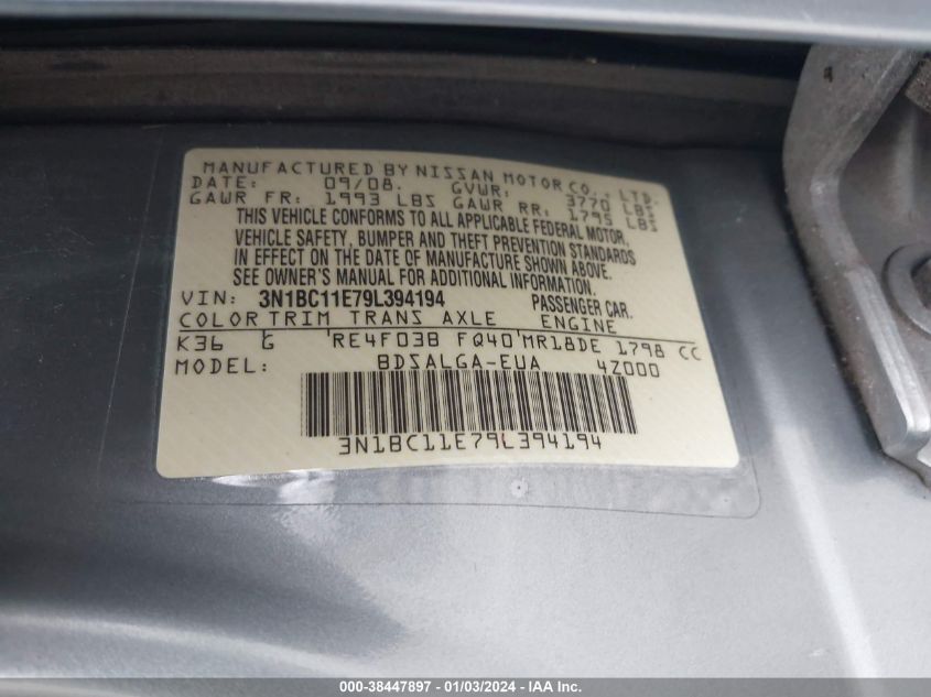 3N1BC11E79L394194 2009 Nissan Versa 1.8Sl