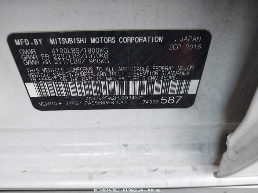 JA32V2FW2HU003437 2017 Mitsubishi Lancer Sel