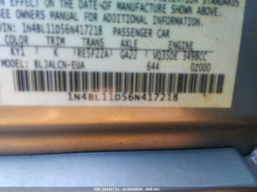 1N4BL11D56N417218 2006 Nissan Altima 3.5 Se