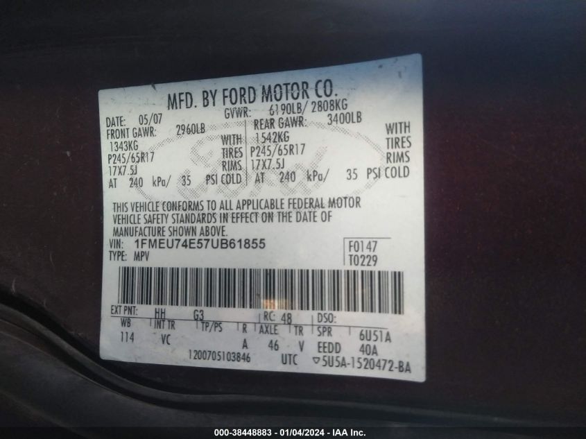 1FMEU74E57UB61855 2007 Ford Explorer Eddie Bauer