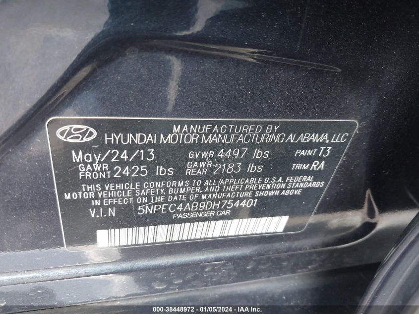 2013 Hyundai Sonata Se 2.0T VIN: 5NPEC4AB9DH754401 Lot: 38448972