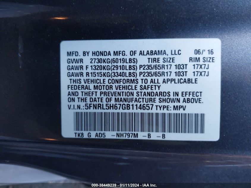 2016 Honda Odyssey Ex-L VIN: 5FNRL5H67GB114657 Lot: 38449239