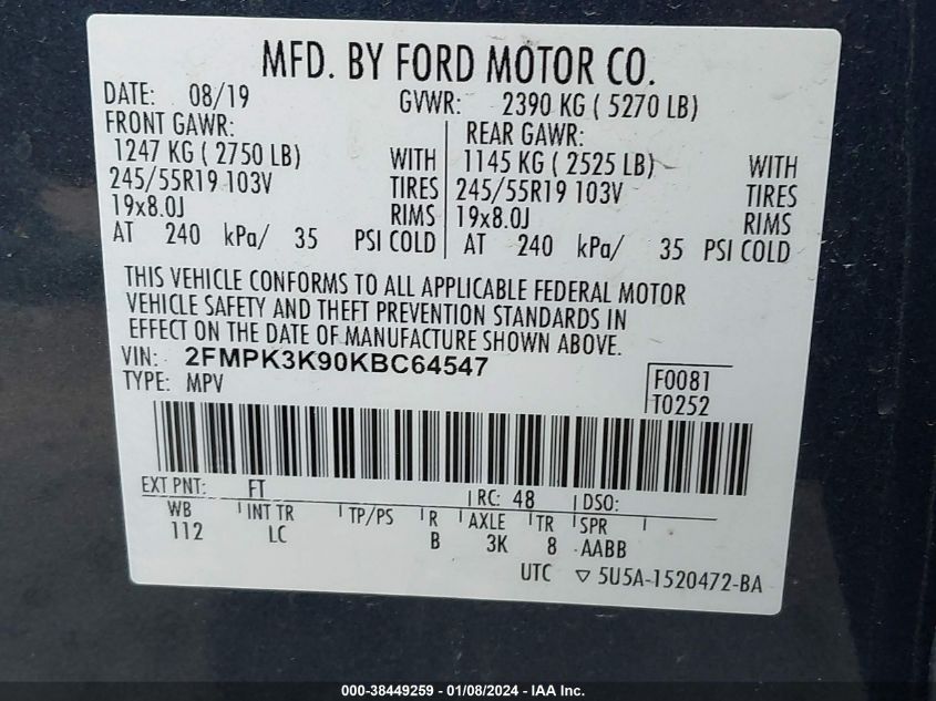 2FMPK3K90KBC64547 2019 Ford Edge Titanium