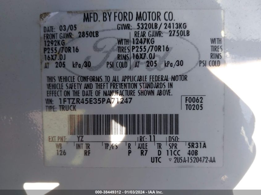 1FTZR45E35PA71247 2005 Ford Ranger Edge/Fx4 Level Ii/Fx4 Off-Road/Xlt