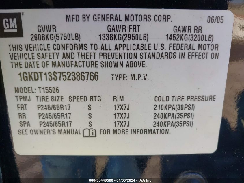 1GKDT13S752386766 2005 GMC Envoy Slt