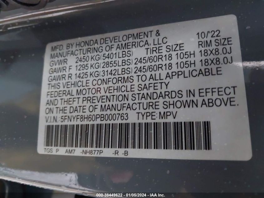 5FNYF8H60PB000763 2023 Honda Passport Awd Trailsport