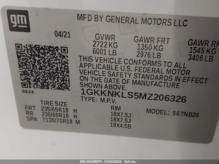 1GKKNKLS5MZ206326 2021 GMC Acadia Fwd Sle