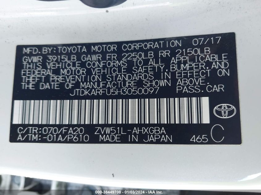 JTDKARFU5H3050097 2017 Toyota Prius Three