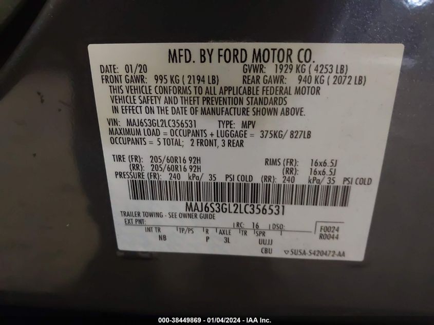 MAJ6S3GL2LC356531 2020 Ford Ecosport Se