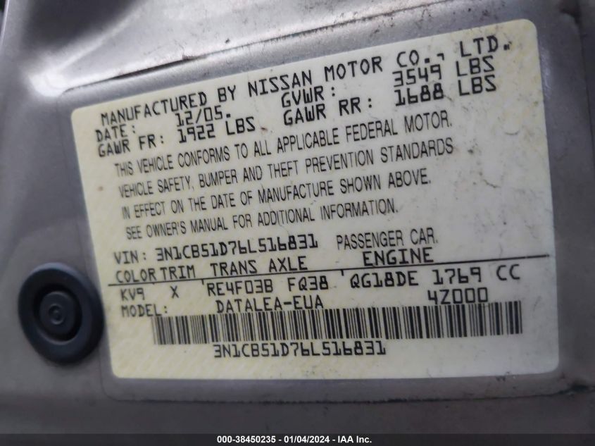 2006 Nissan Sentra 1.8S VIN: 3N1CB51D76L516831 Lot: 38450235