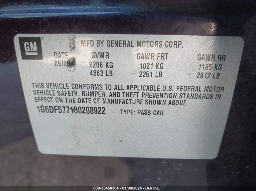 2008 Cadillac Cts Standard VIN: 1G6DF577180208922 Lot: 38450304