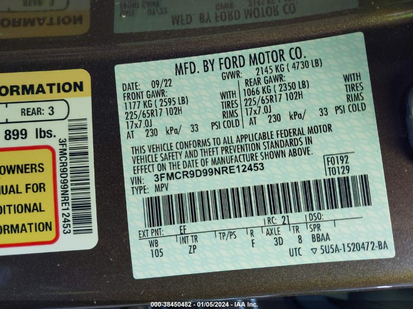 2022 Ford Bronco Sport Badlands VIN: 3FMCR9D99NRE12453 Lot: 38450482