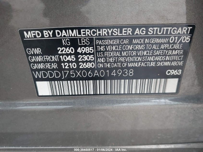 WDDDJ75X06A014938 2006 Mercedes-Benz Cls 500