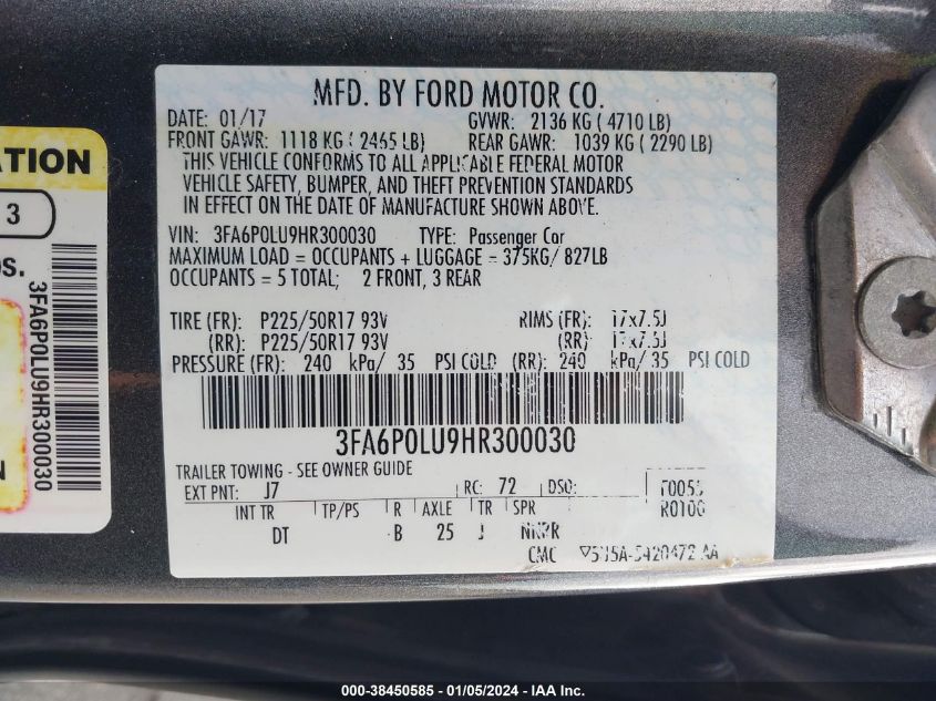 3FA6P0LU9HR300030 2017 Ford Fusion Hybrid Se