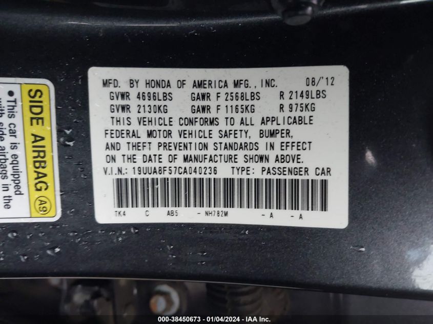 19UUA8F57CA040236 2012 Acura Tl 3.5